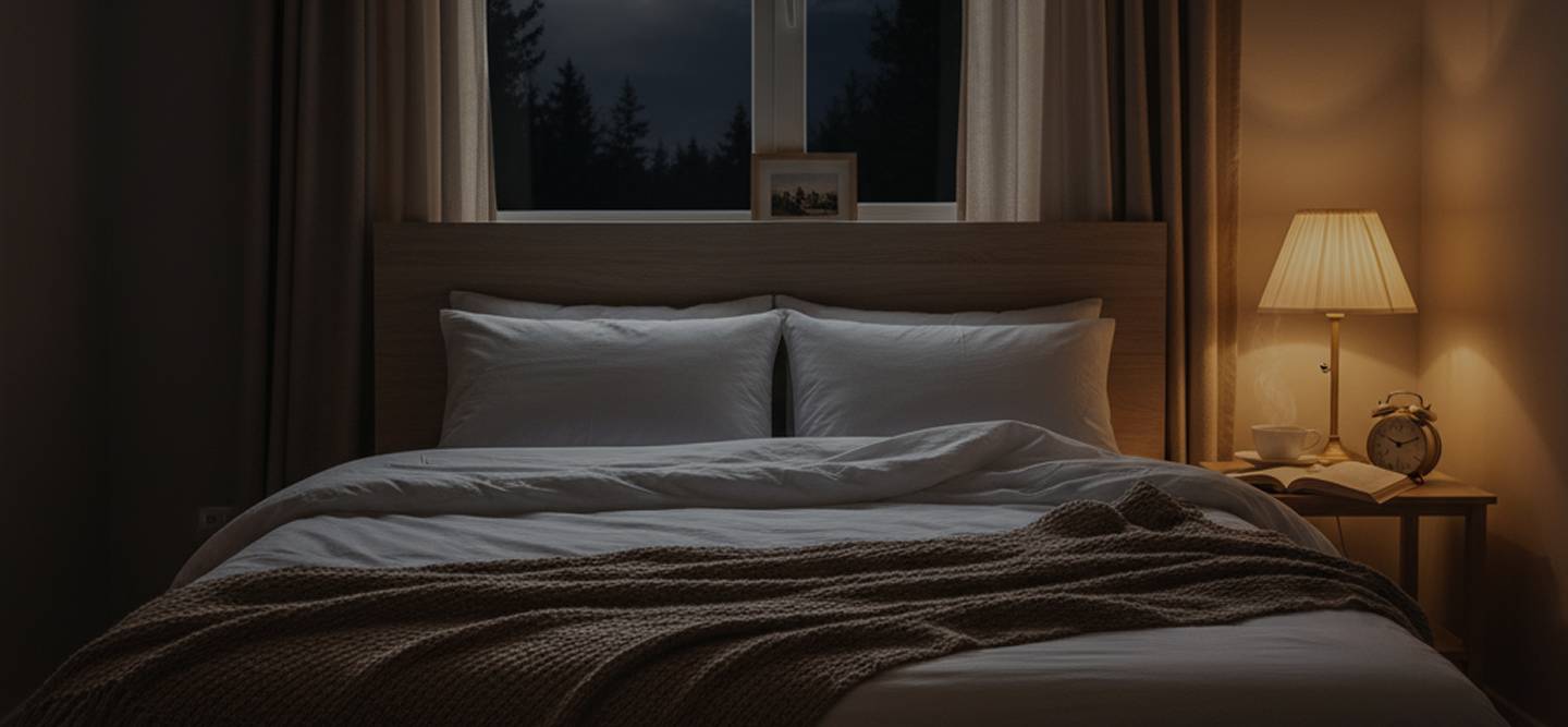 Chambre cosy avec lit, lampe de chevet et réveil sur table.